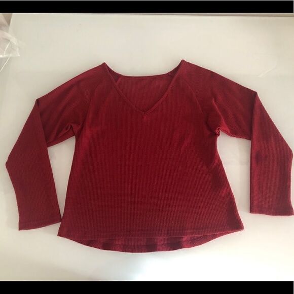Dark Red Waffle Knit V-Neck Sweater - Picture 5 of 10